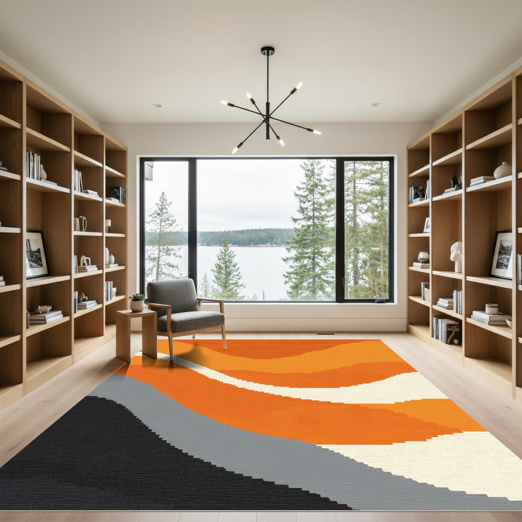 Orange Cream Gray Abstract Waves Rug