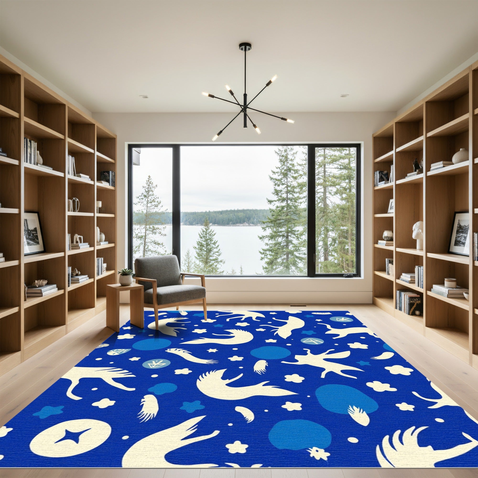 Cream Figures On Royal Blue Background Rug