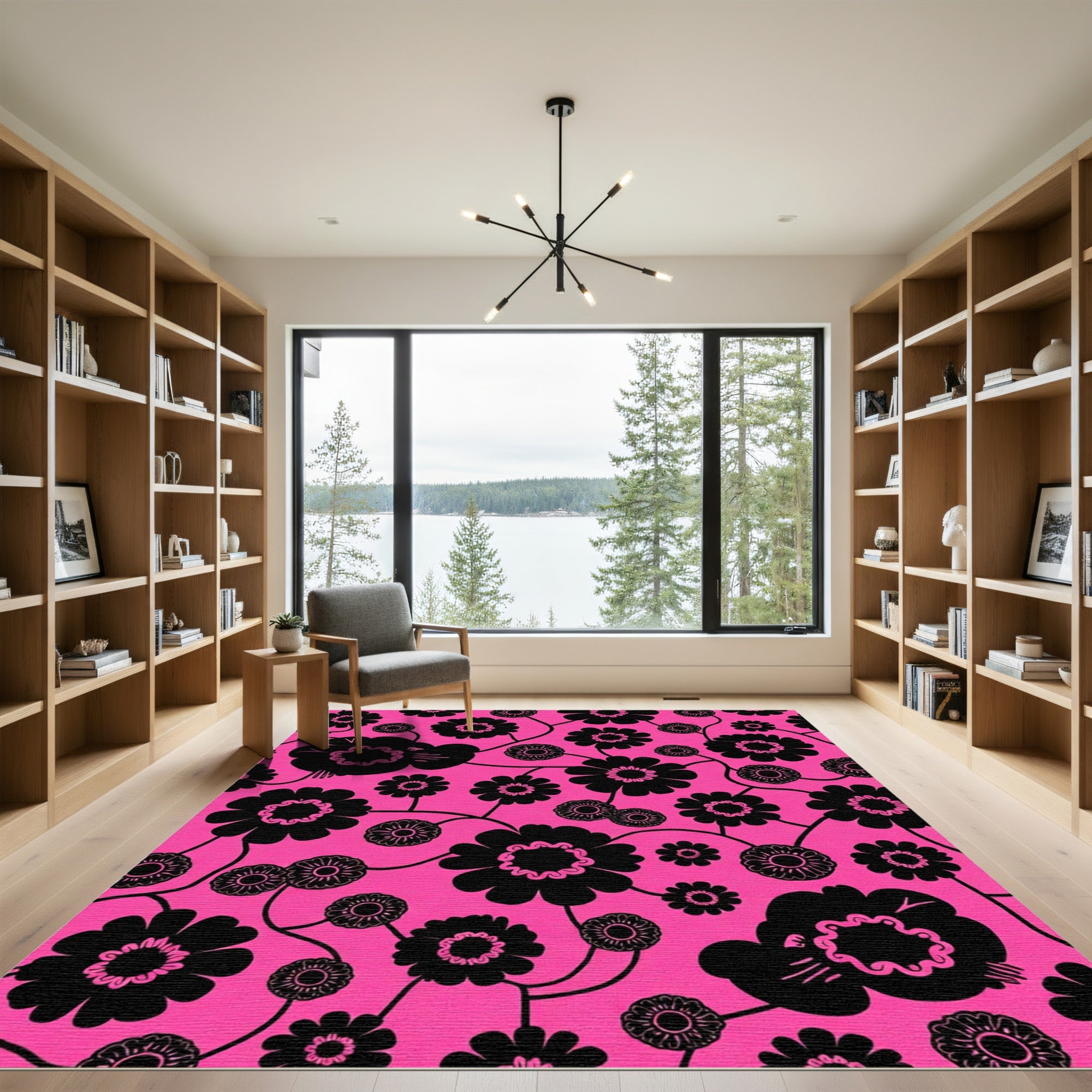 Bold Black Floral Arrangement Hot Pink Rug
