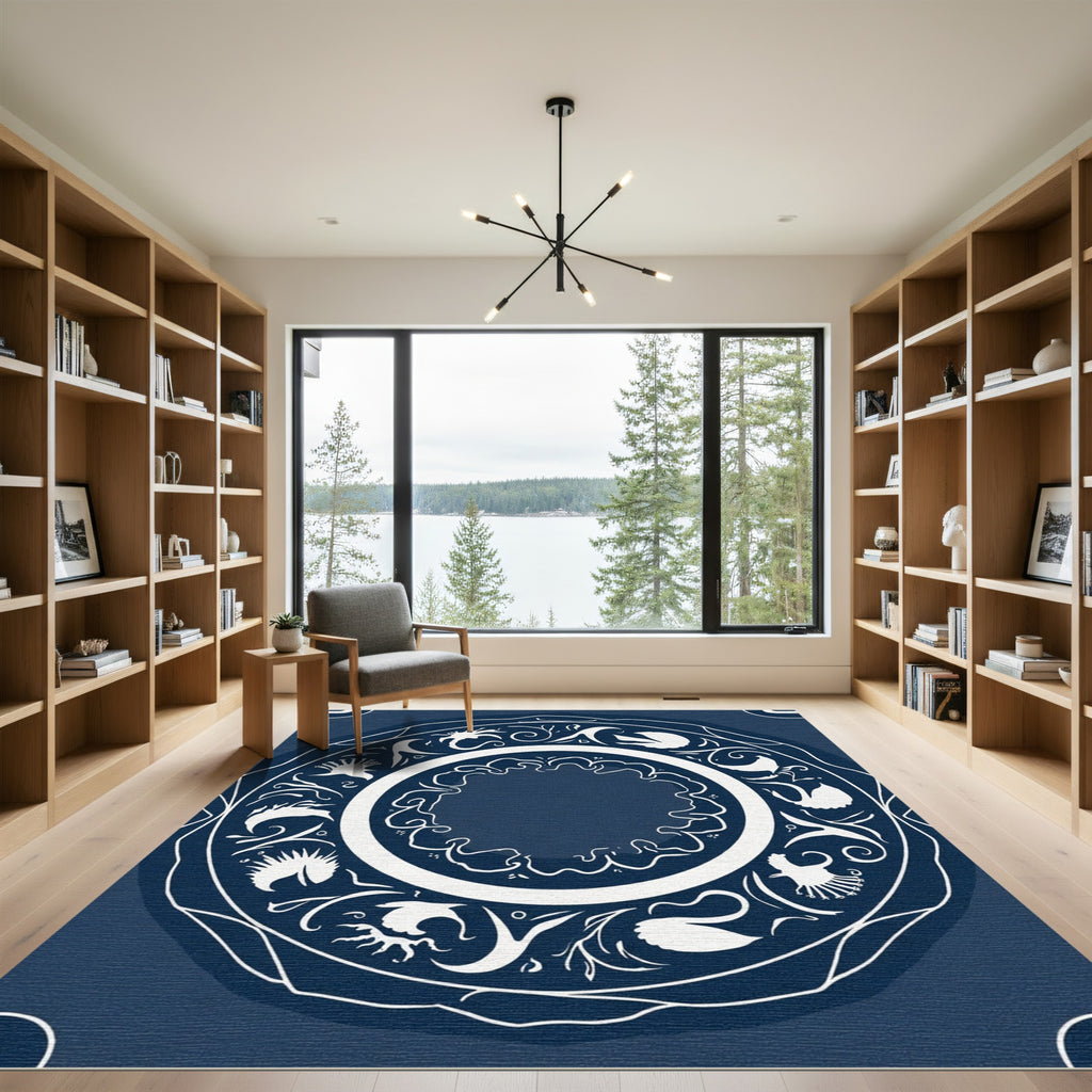 Deep Blue Swan Floral Mandala Rug