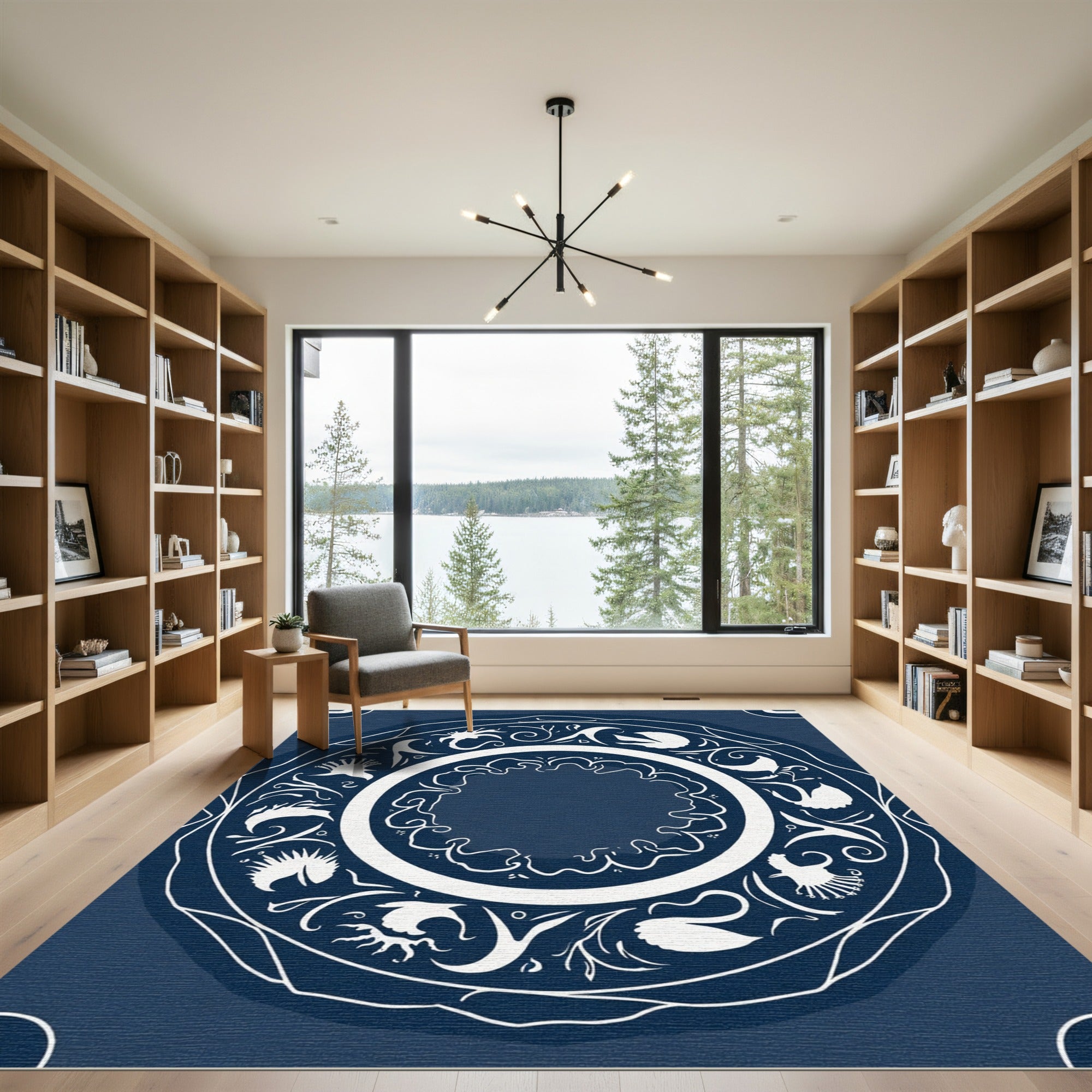 Deep Blue Swan Floral Mandala Rug