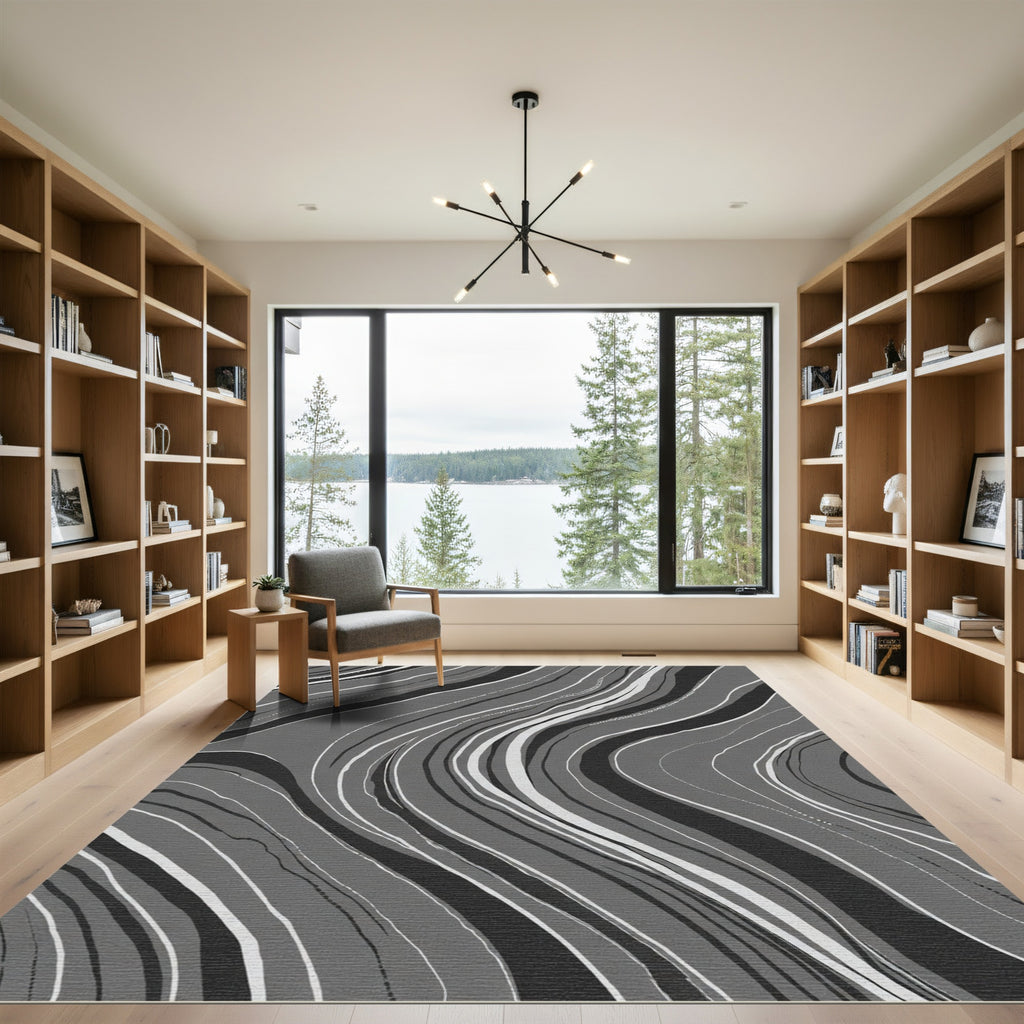 Monochrome Flowing Abstract Lines Rug