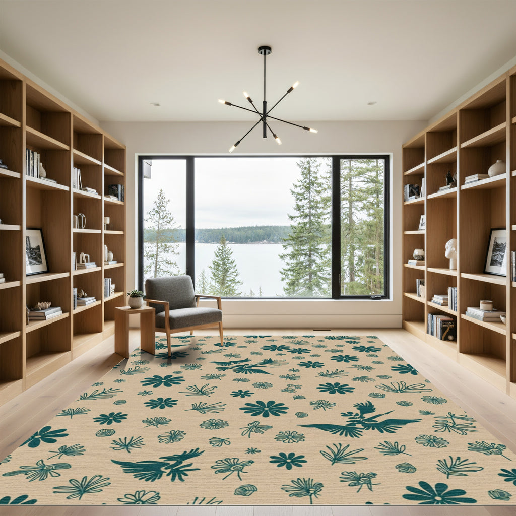 Teal Birds Floral Spray Pattern Rug