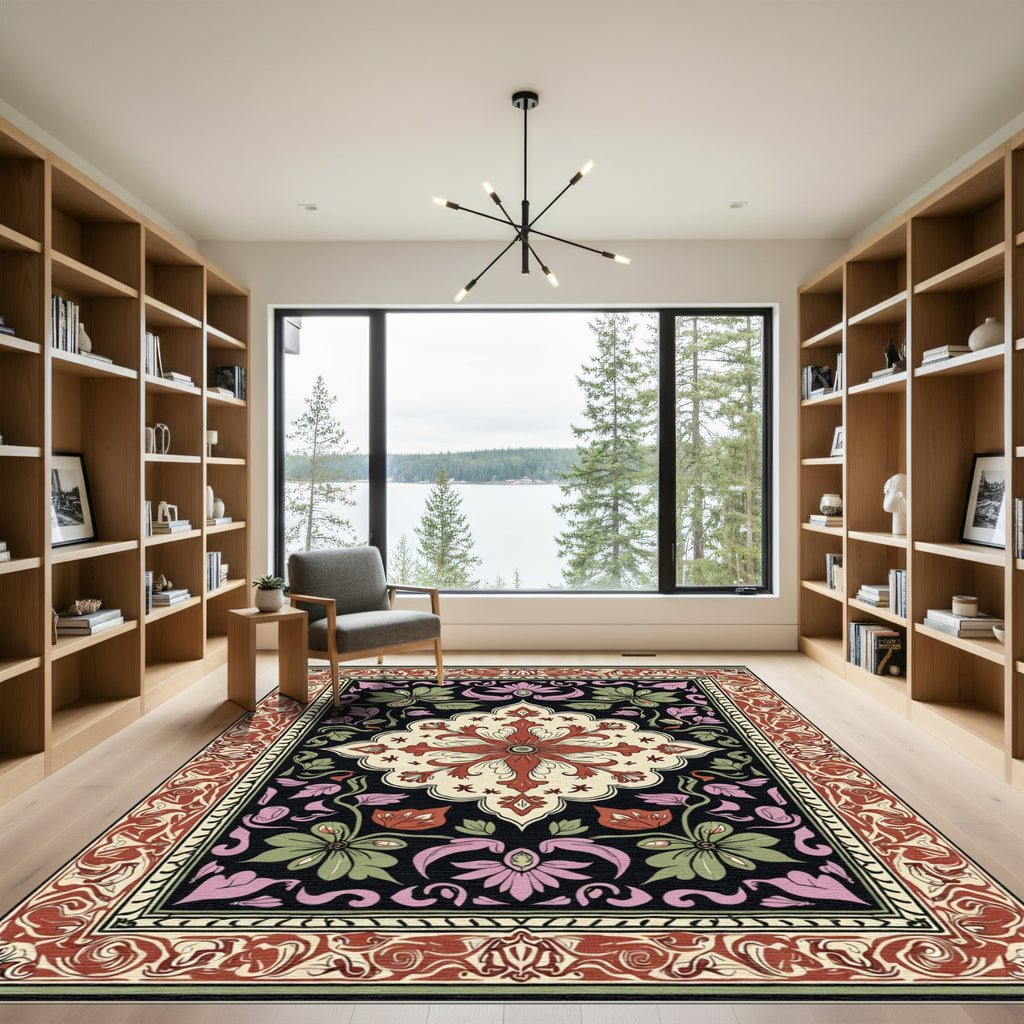 Crimson Floral Garden Medallion Rug
