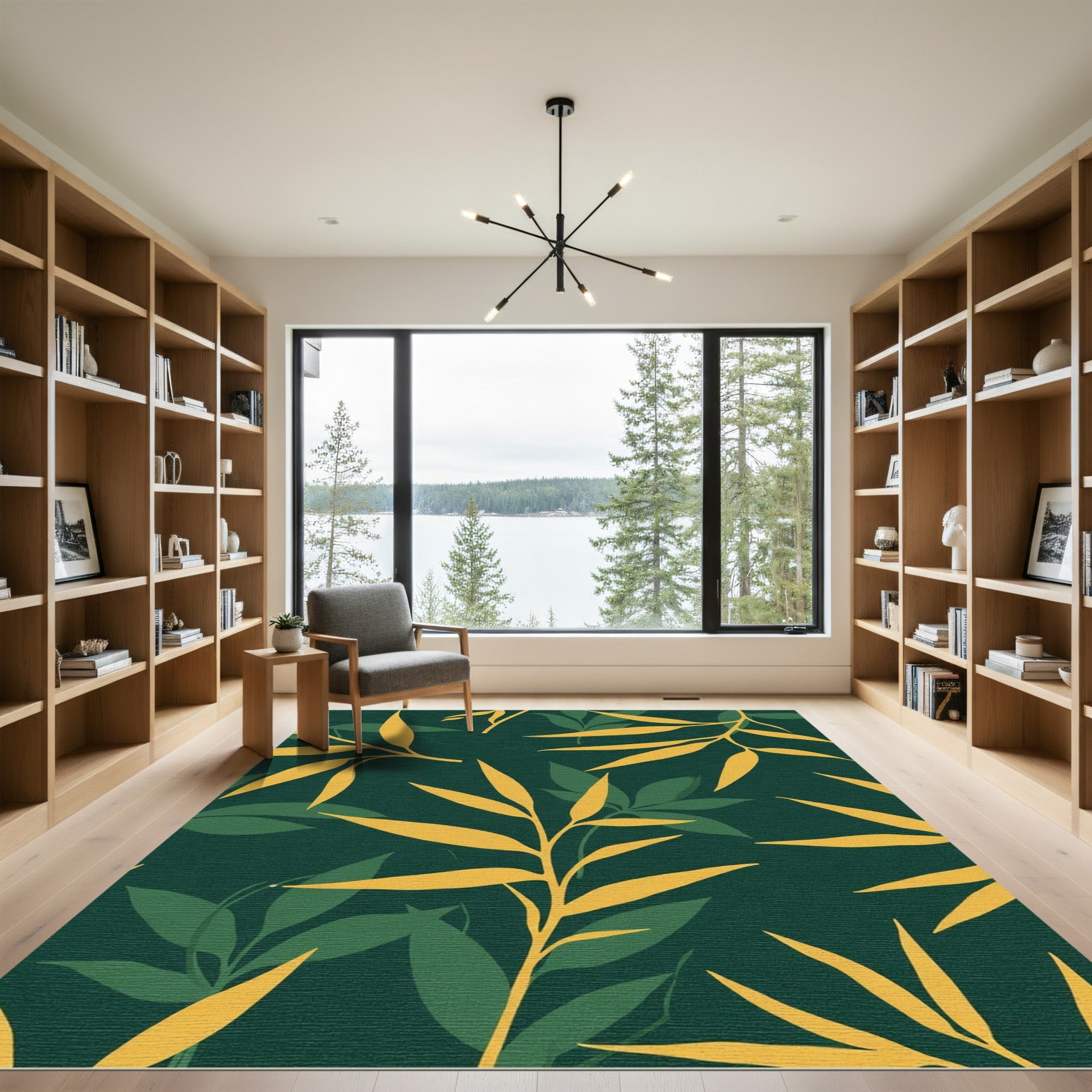 Golden Bamboo Fronds Dark Forest Rug