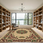 Crimson Green Floral Medallion Border Rug