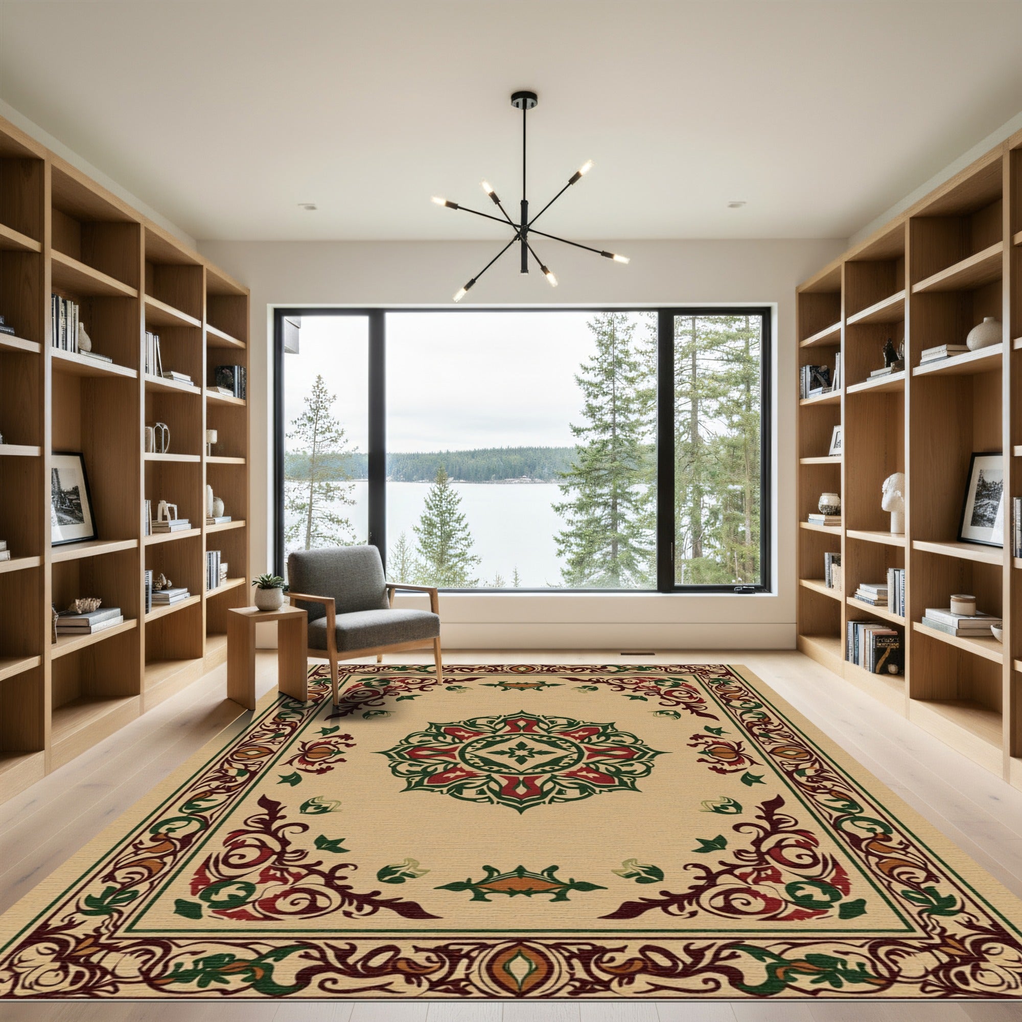 Crimson Green Floral Medallion Border Rug