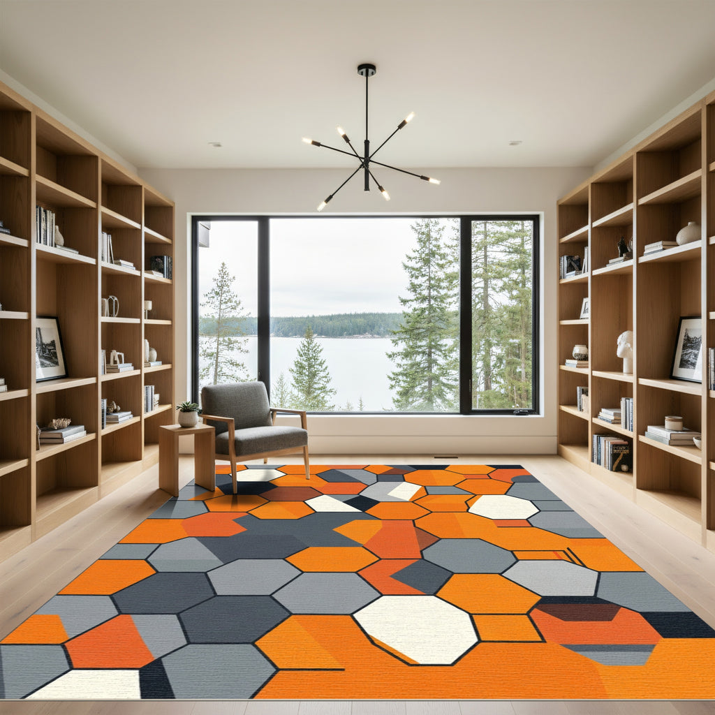 Orange Gray Geometric Honeycomb Rug