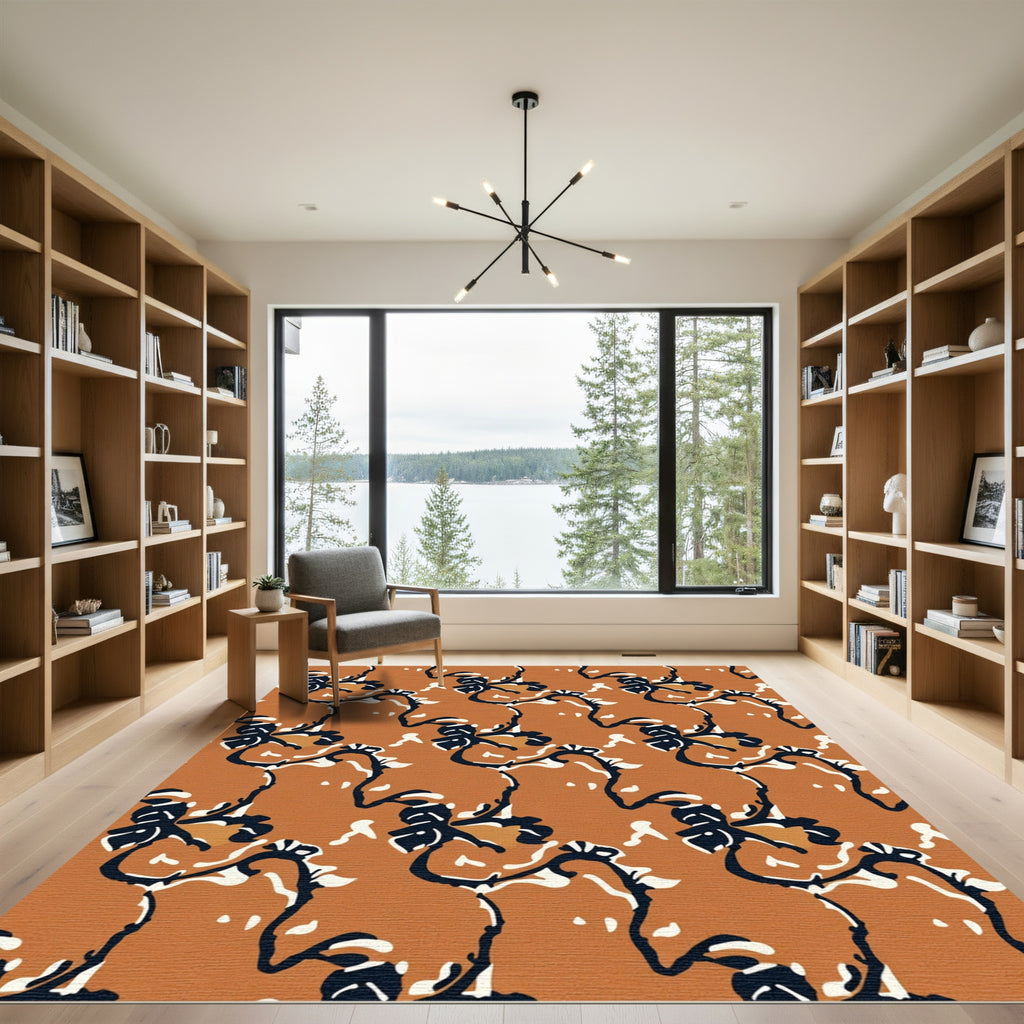 Burnt Orange Floral Vine Curvilinear Rug