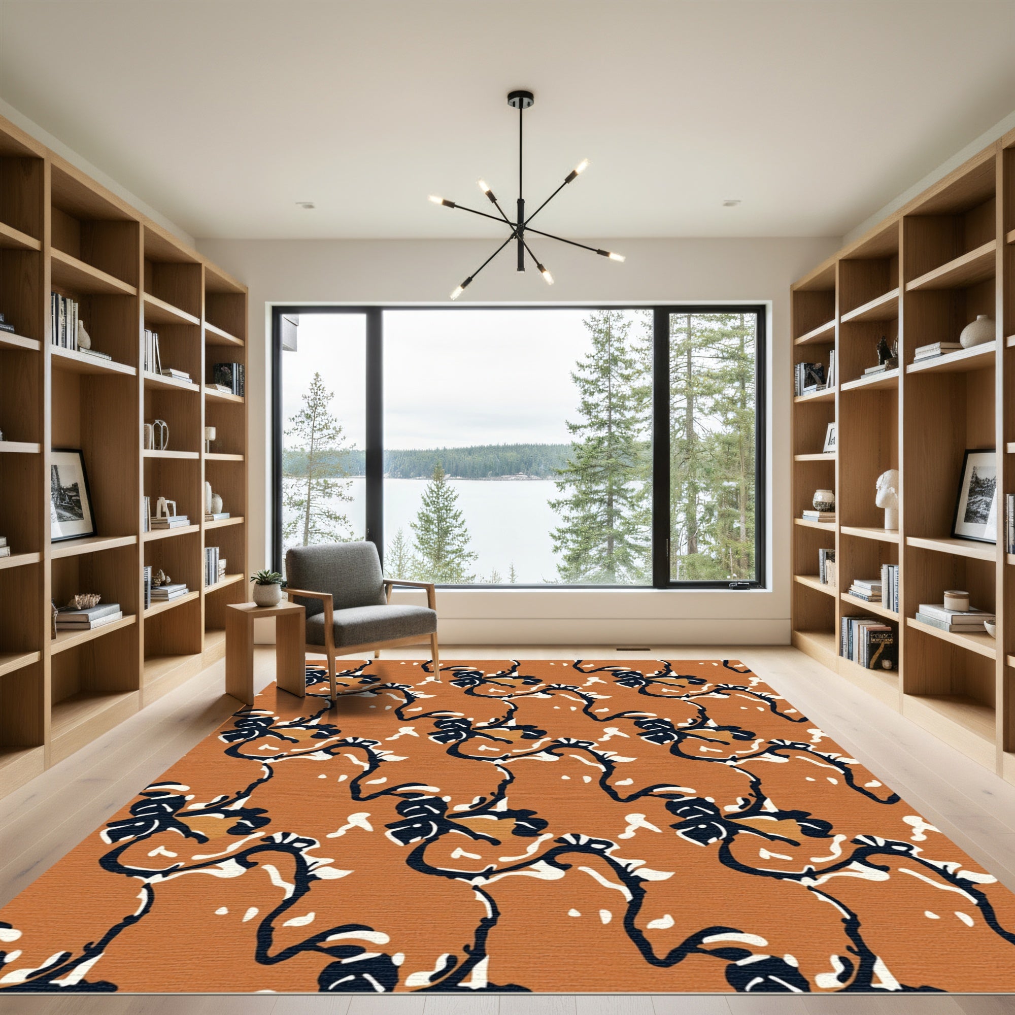 Burnt Orange Floral Vine Curvilinear Rug