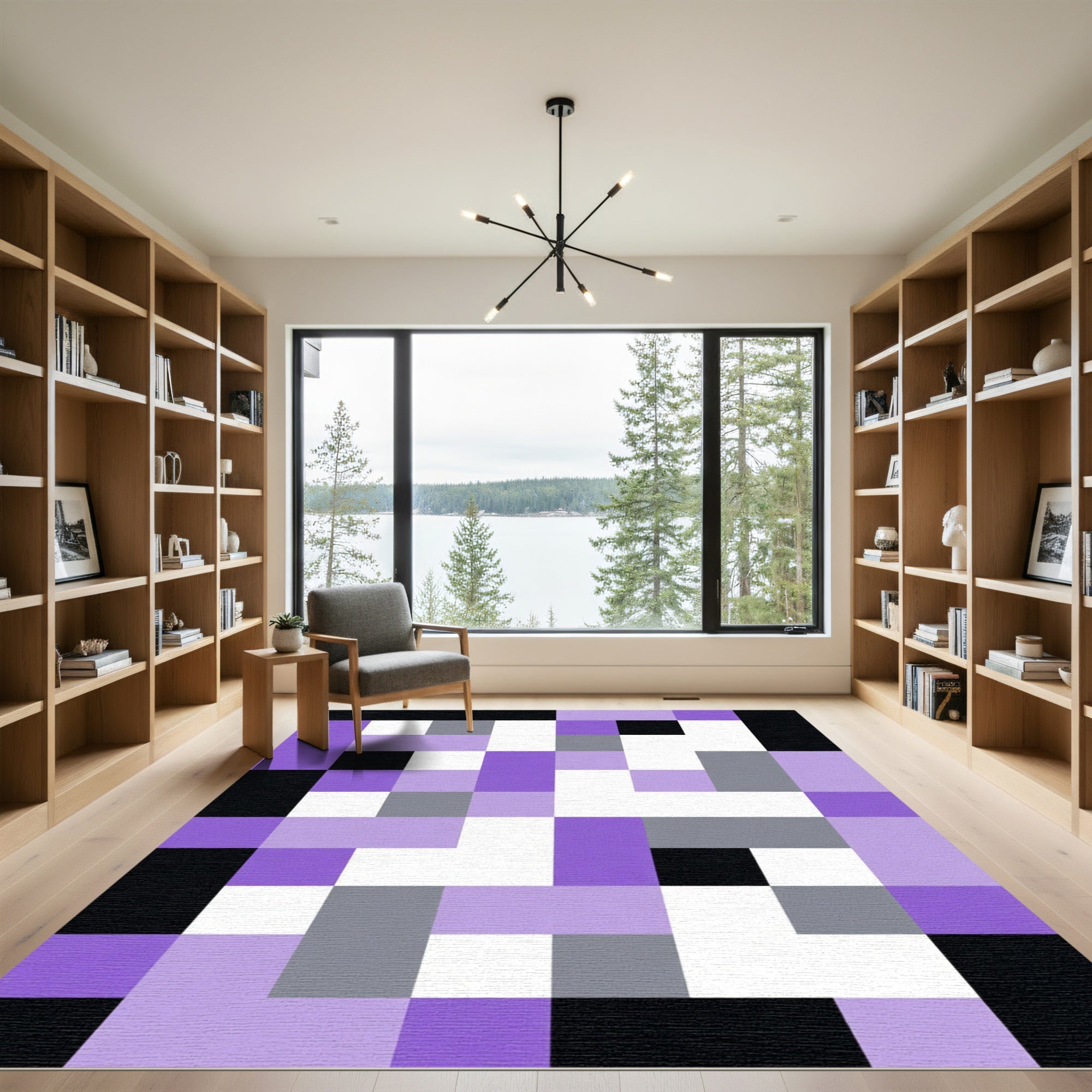 Modern Purple Gray White Geometric Blocks Rug