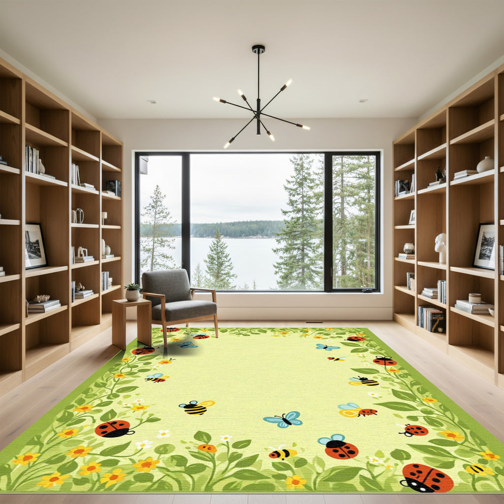 Whimsical Ladybug Butterfly Busy Meadow Rug