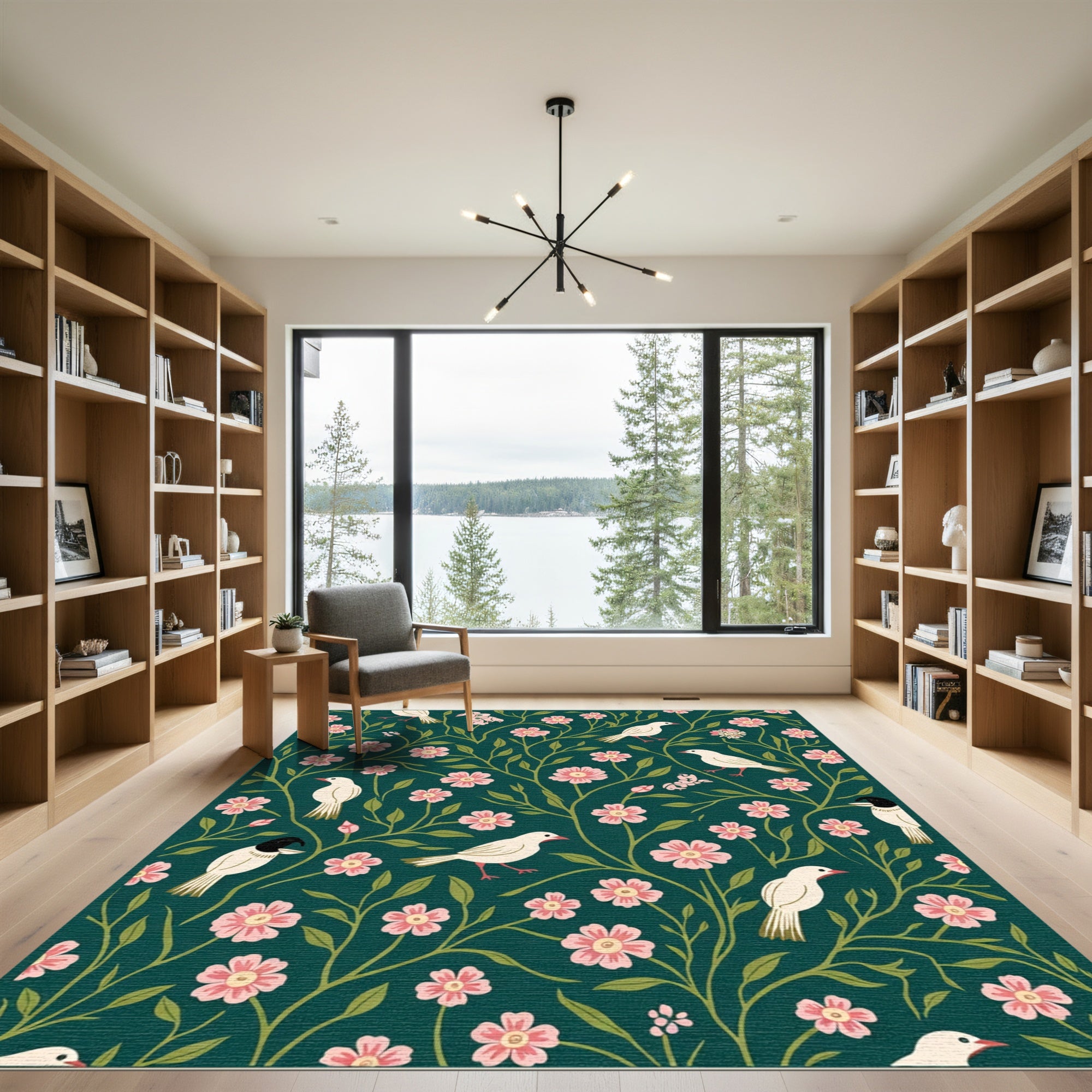Dark Teal Pink Blossom Bird Garden Rug