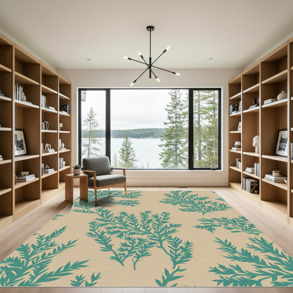 Teal Fern Foliage Beige Background Rug