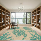 Teal Fern Foliage Beige Background Rug