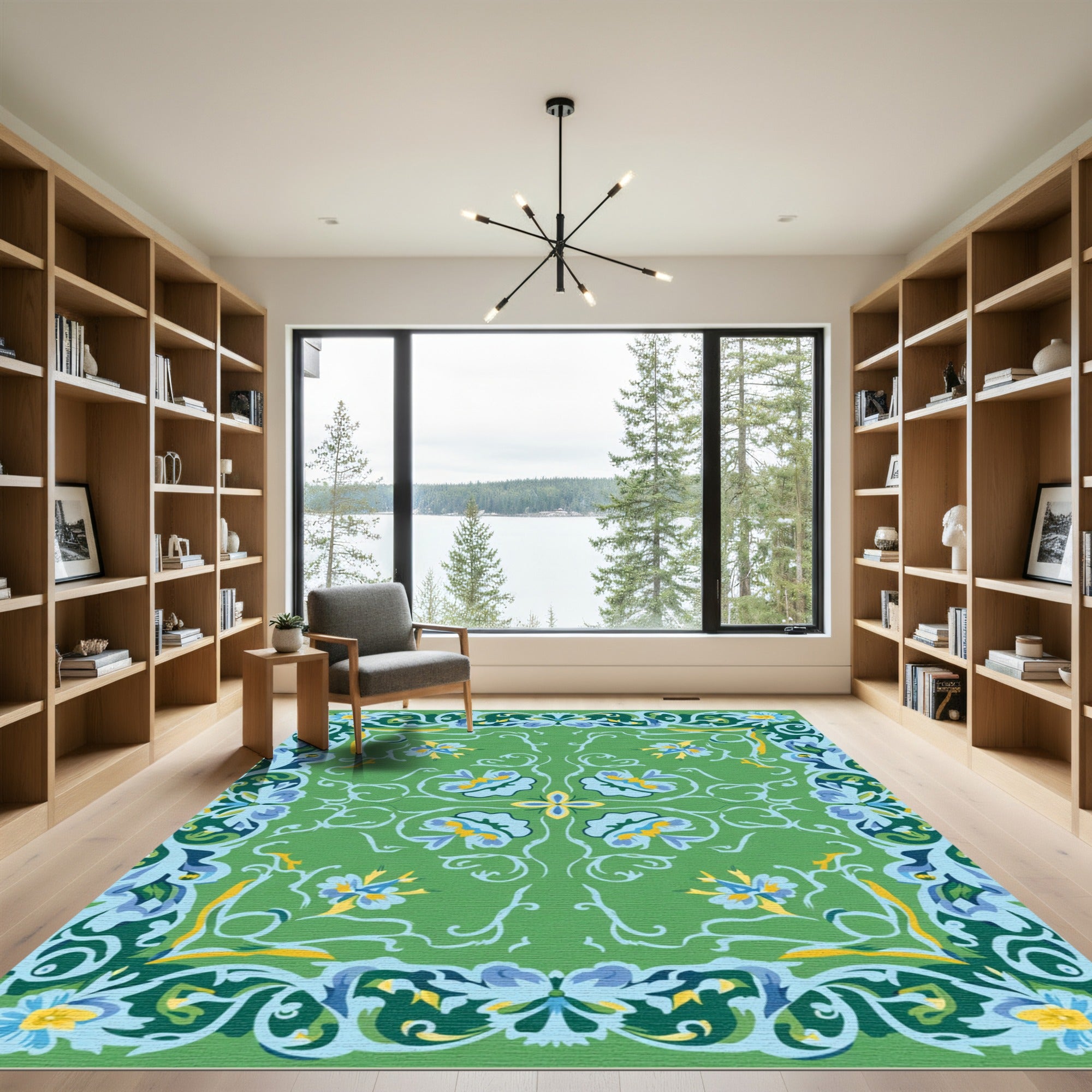 Vibrant Green Floral Scroll Rug