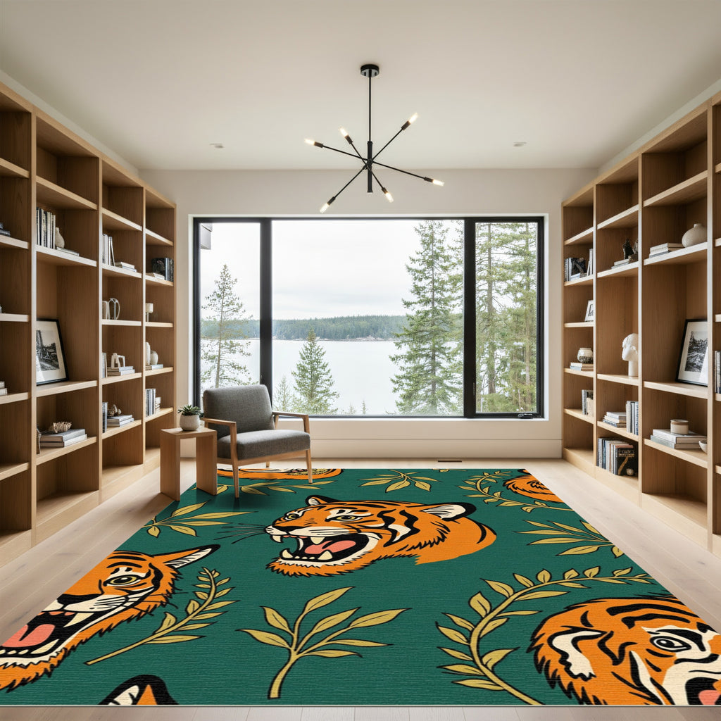 Fierce Orange Tiger Jungle Leaf Rug