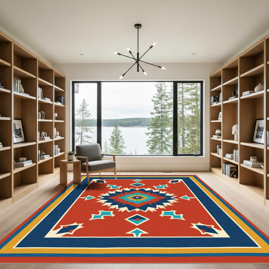 Red Geometric Sunburst Star Medallion Rug