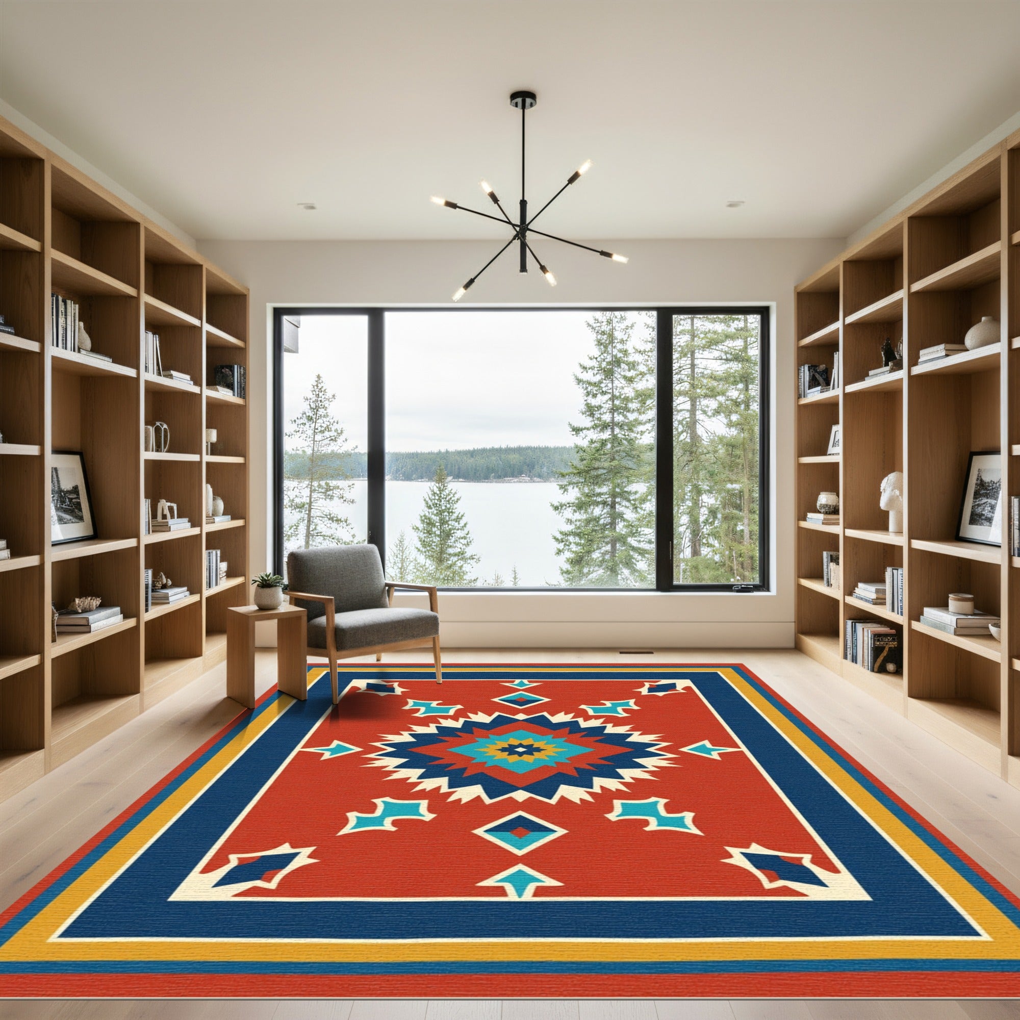 Red Geometric Sunburst Star Medallion Rug