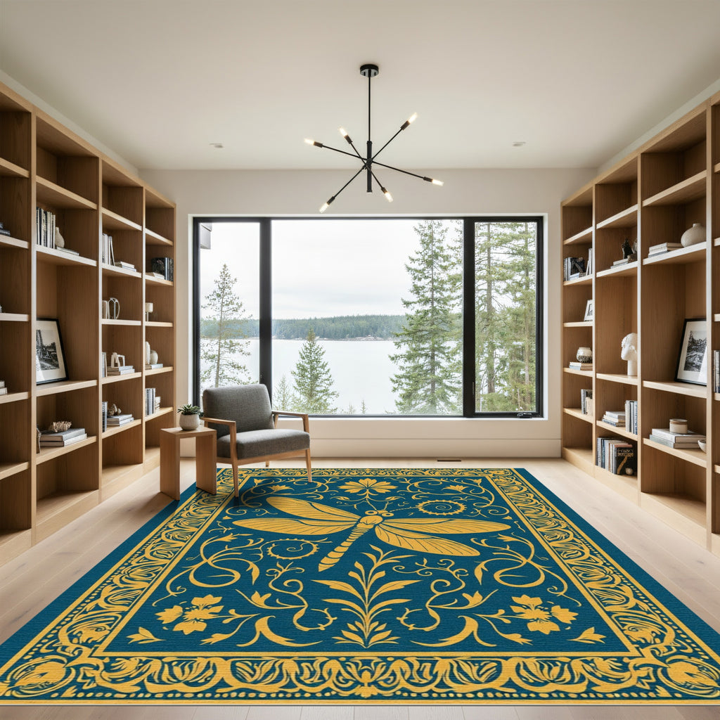 Golden Dragonfly Teal Floral Frame Rug
