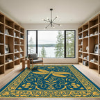 Golden Dragonfly Teal Floral Frame Rug