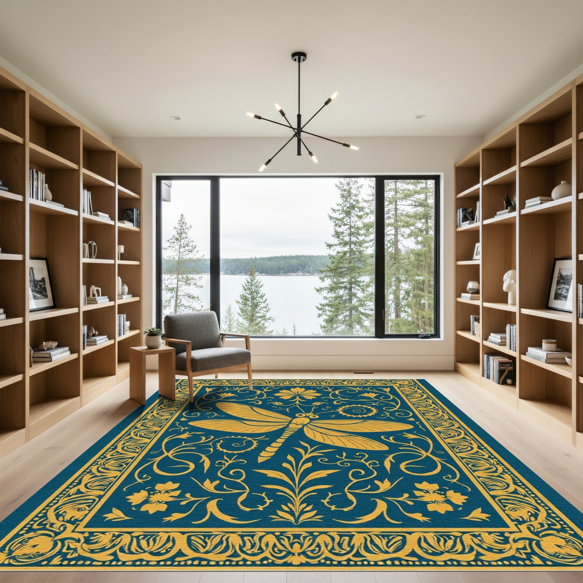 Golden Dragonfly Teal Floral Frame Rug