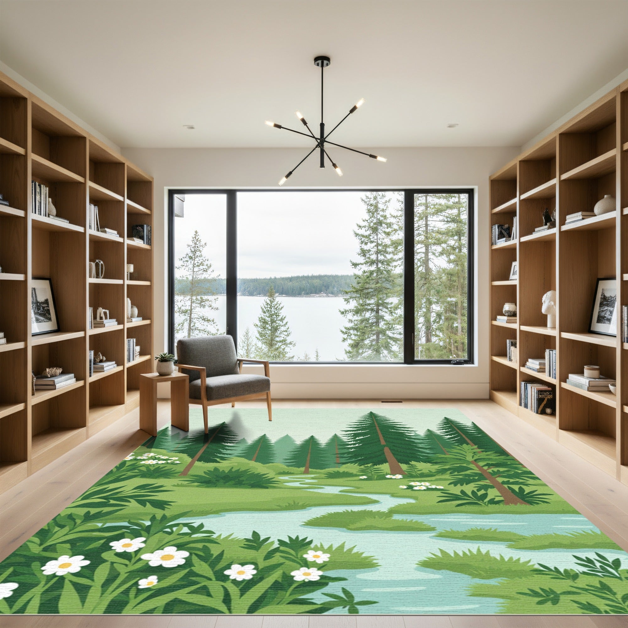 Serene Forest Stream With White Flowers Rug