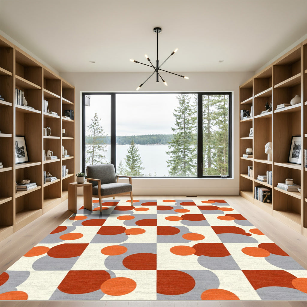 Orange Gray Retro Circle Grid Rug