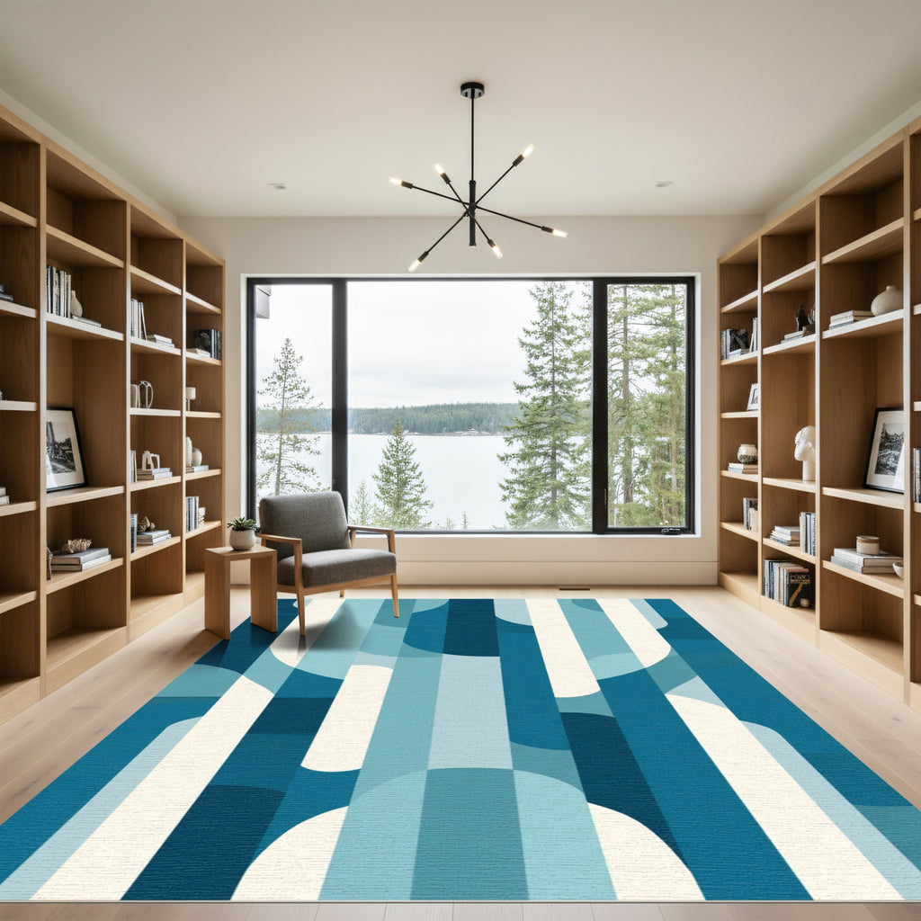 Deep Blue Waves Overlayed Stripes Rug