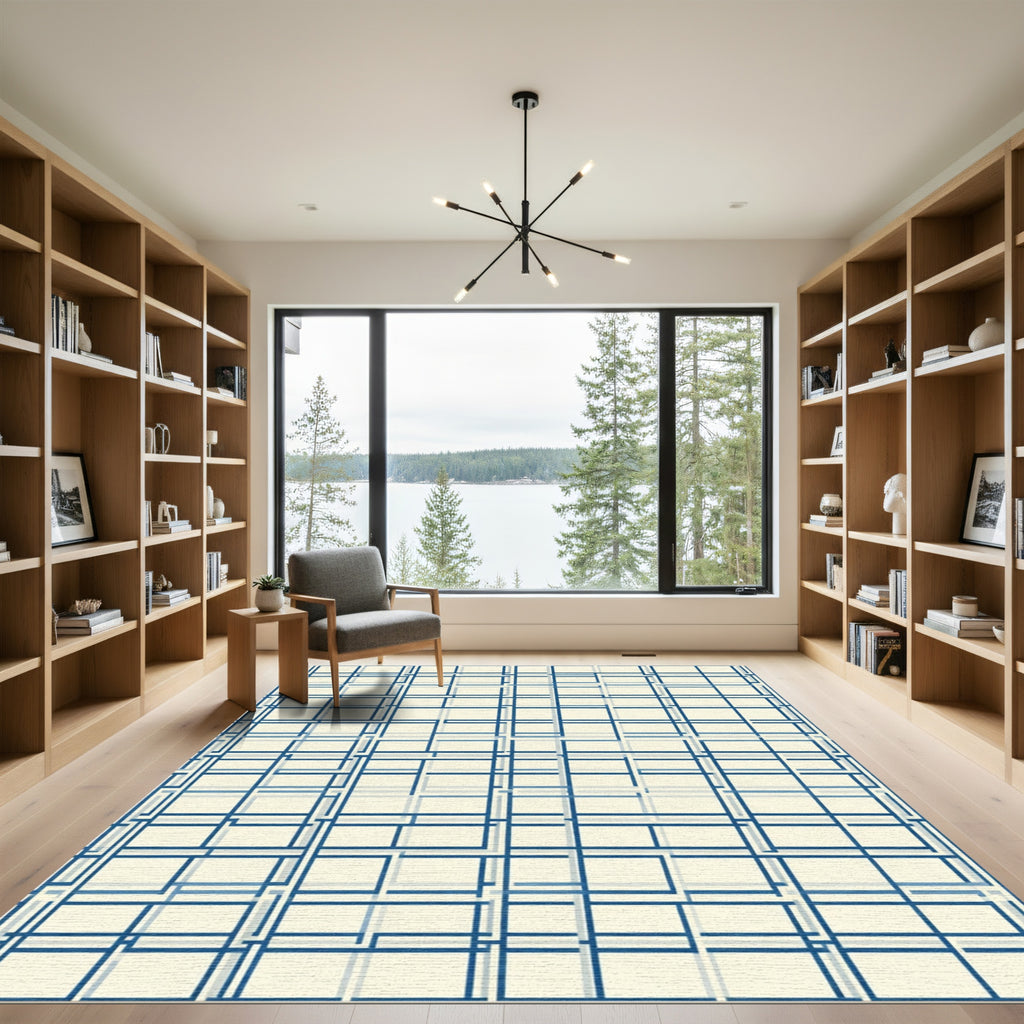 Navy Blue Geometric Interlocking Squares Rug