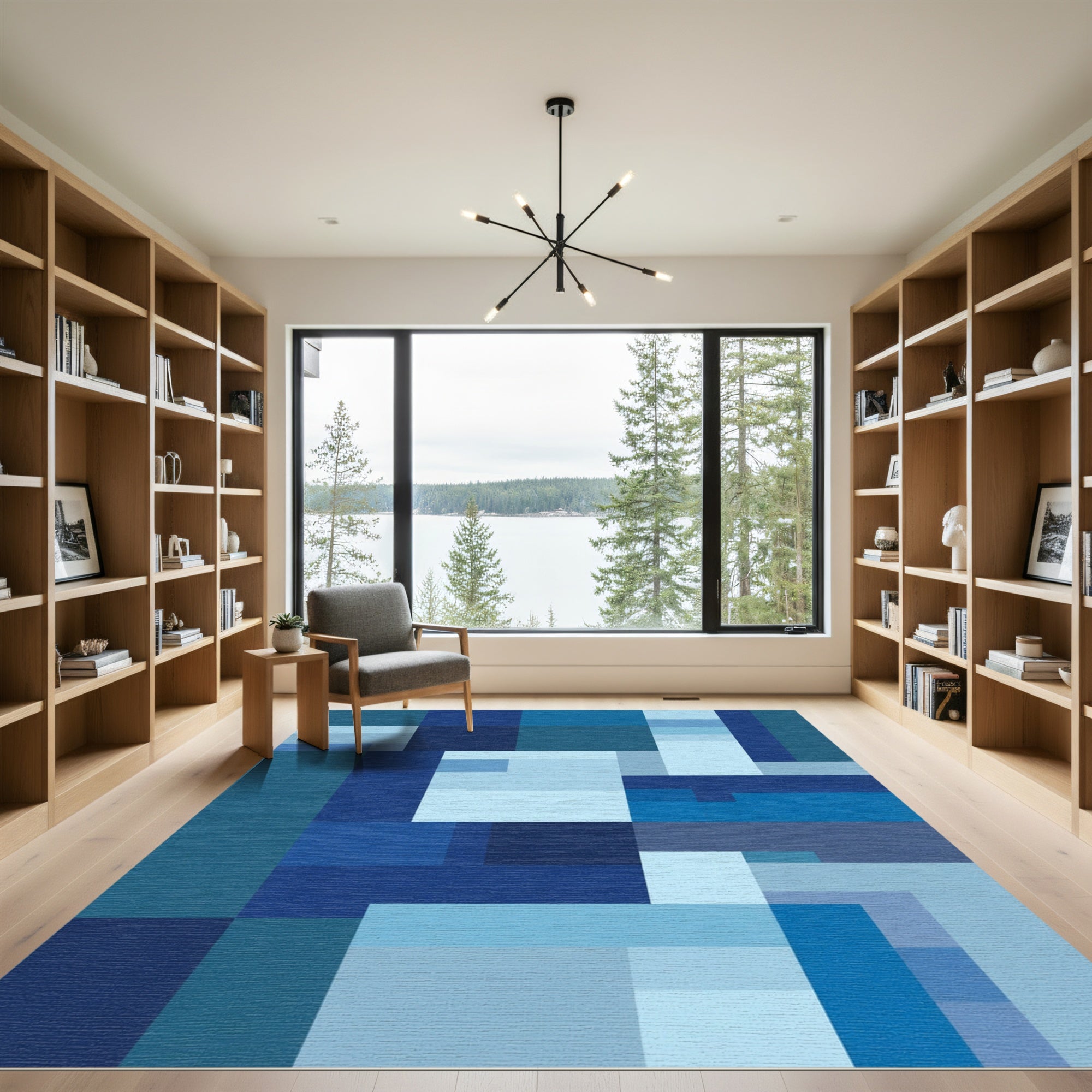 Shades Of Blue Geometric Blocks Rug