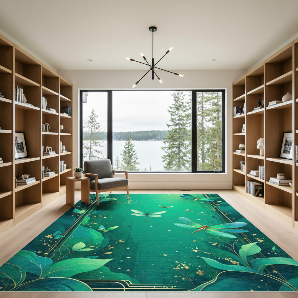 Emerald Garden Dragonfly Butterfly Art Rug