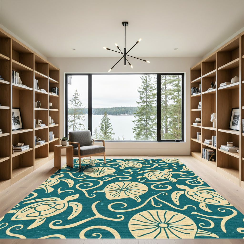Coastal Teal Turtle Swirl Rug