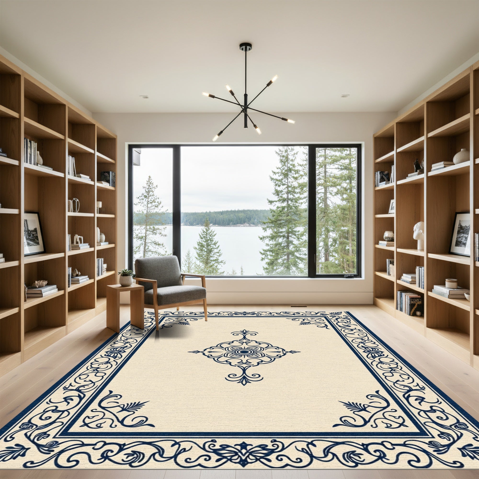 Navy Floral Frame Cream Medallion Rug