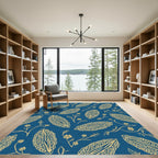 Midnight Blue Golden Floral Seed Pod Rug