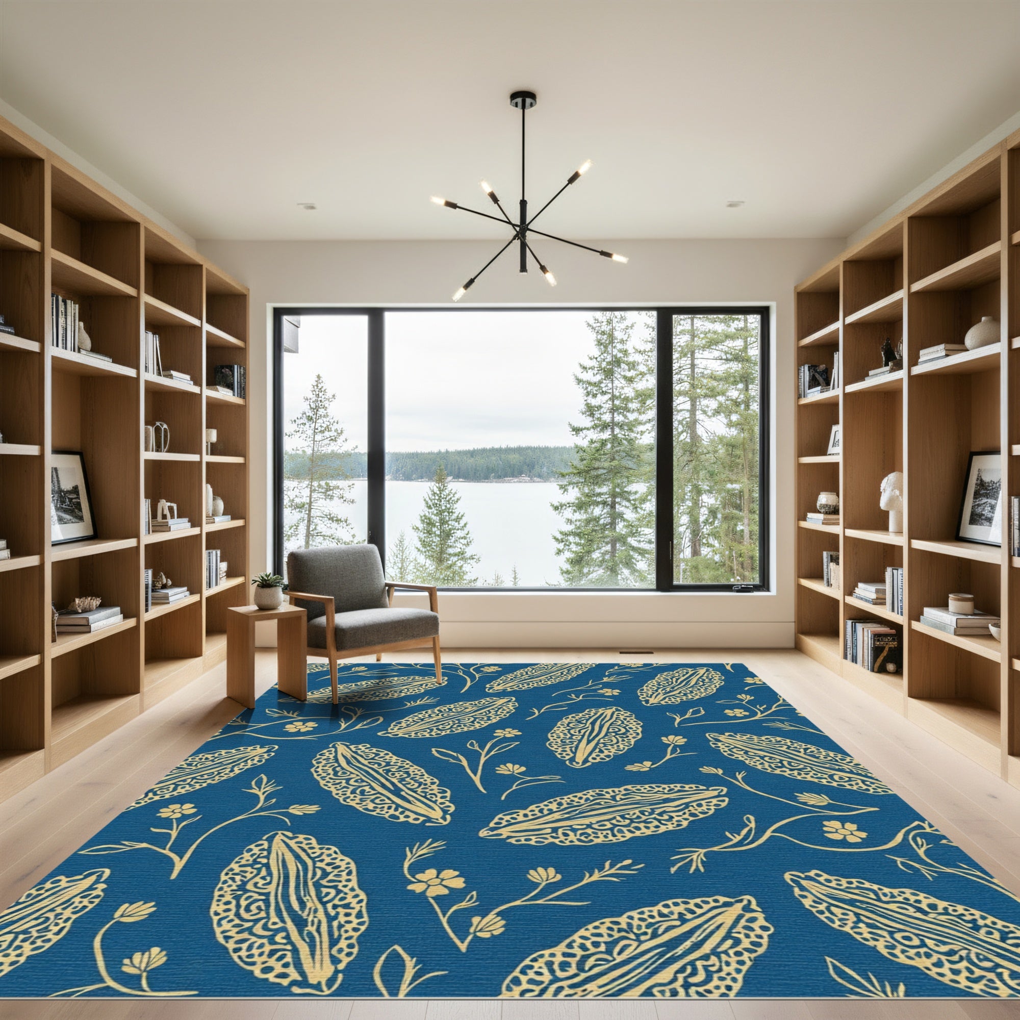 Midnight Blue Golden Floral Seed Pod Rug
