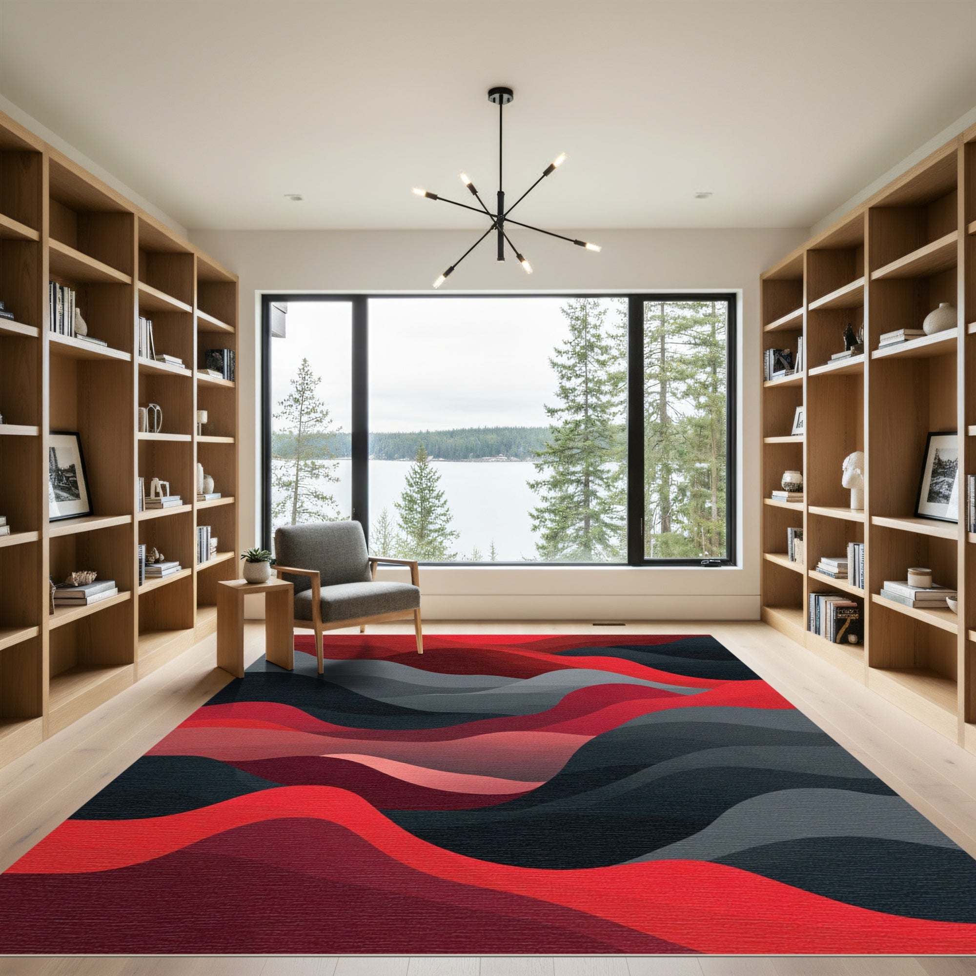 Vibrant Red and Gray Wave Landscape Rug