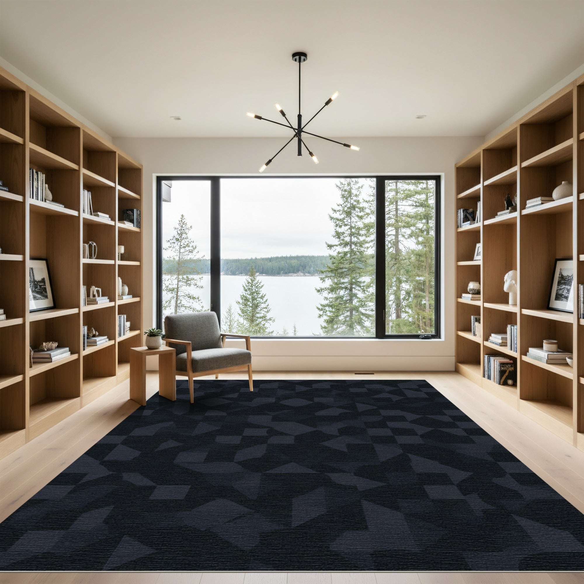 Dark Blue Abstract Geometric Squares Rug