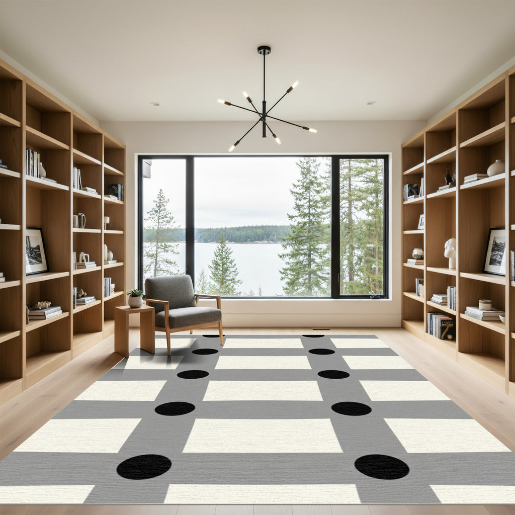 Gray Black Ivory Grid Rectangles Circles Rug