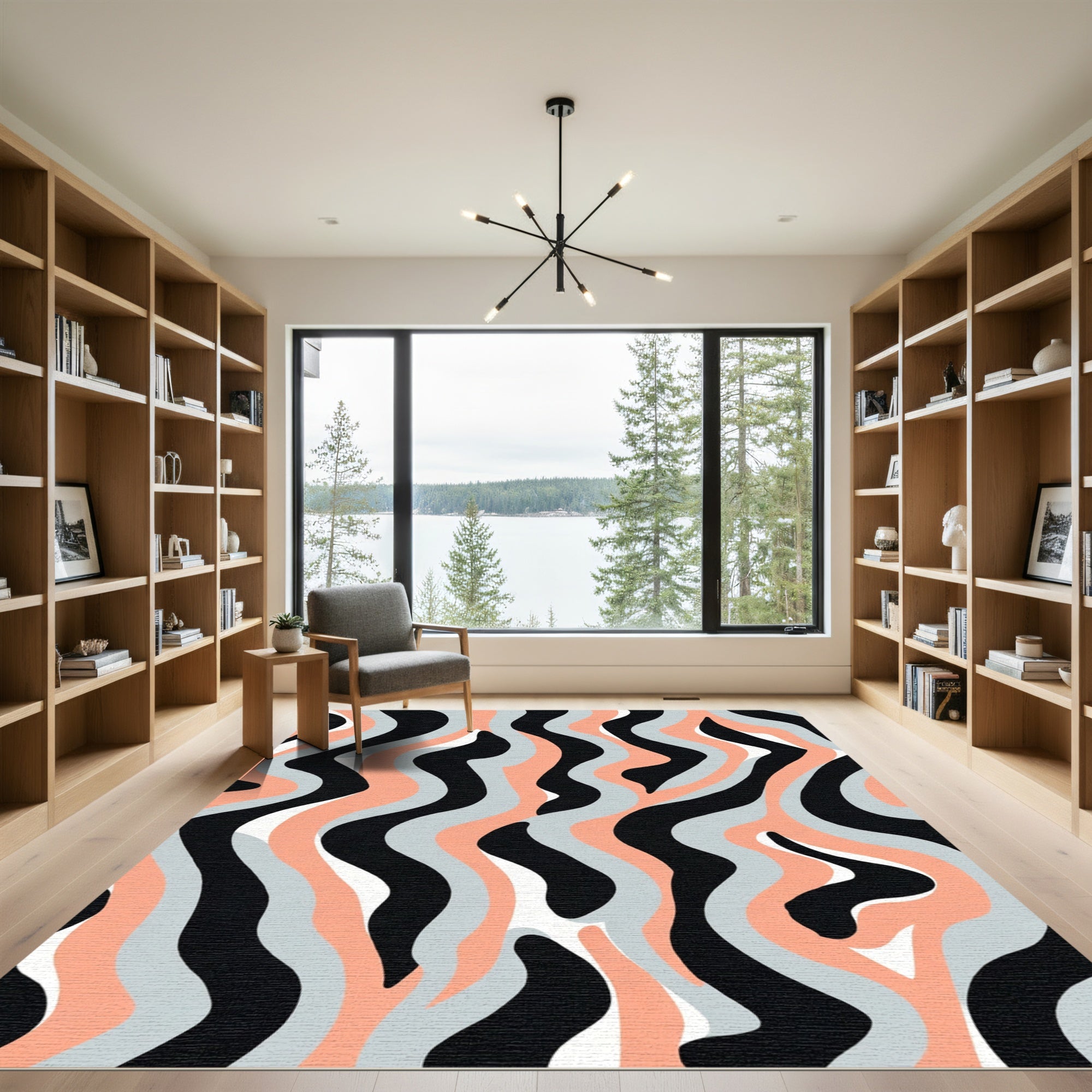 Coral Gray Black White Wavy Stripes Rug