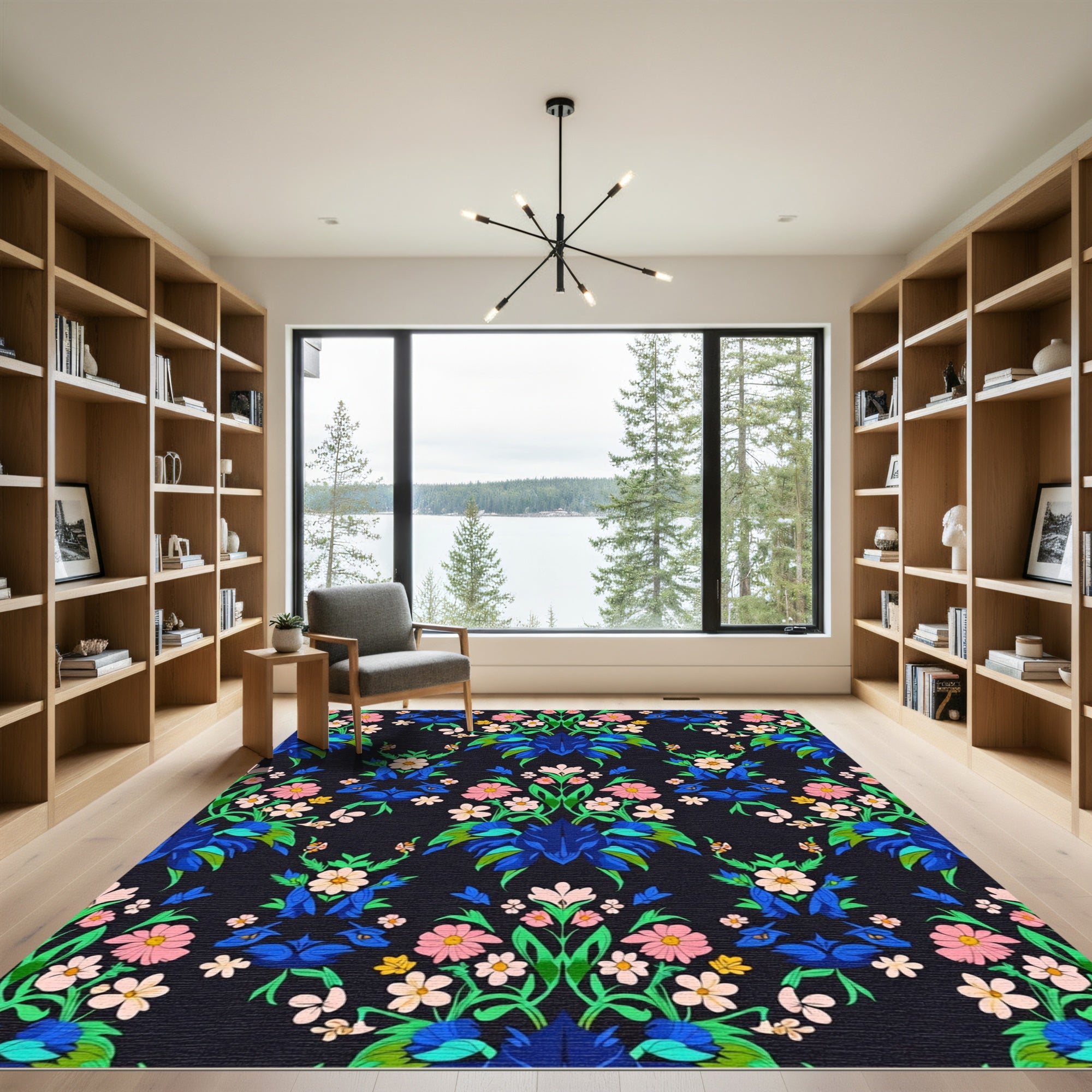 Vibrant Blue Floral Symmetry Garden Runner Rug