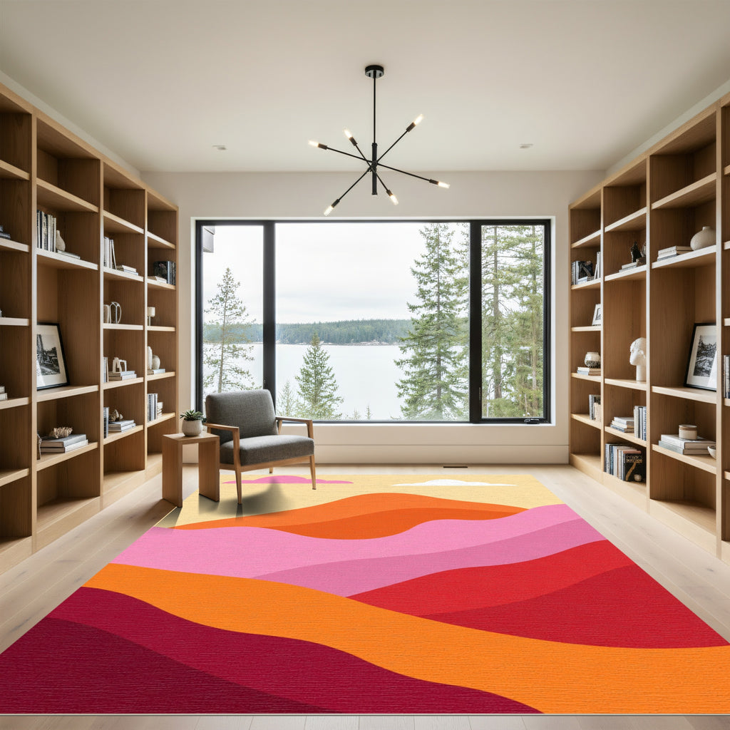 Crimson Pink Abstract Mountain Landscape Rug