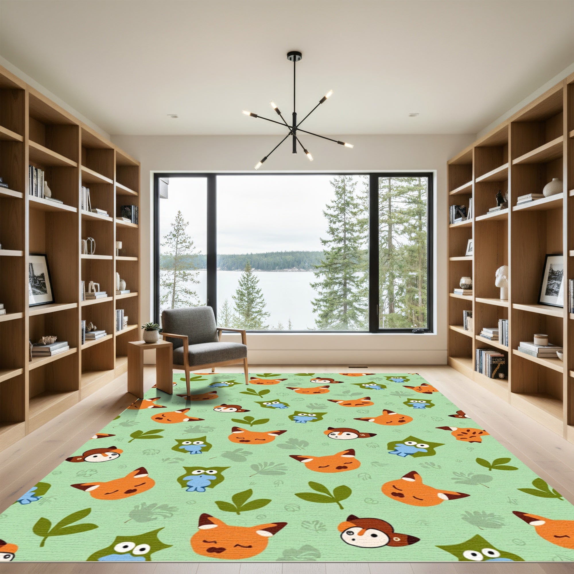 Whimsical Orange Fox Owl Forest Rug