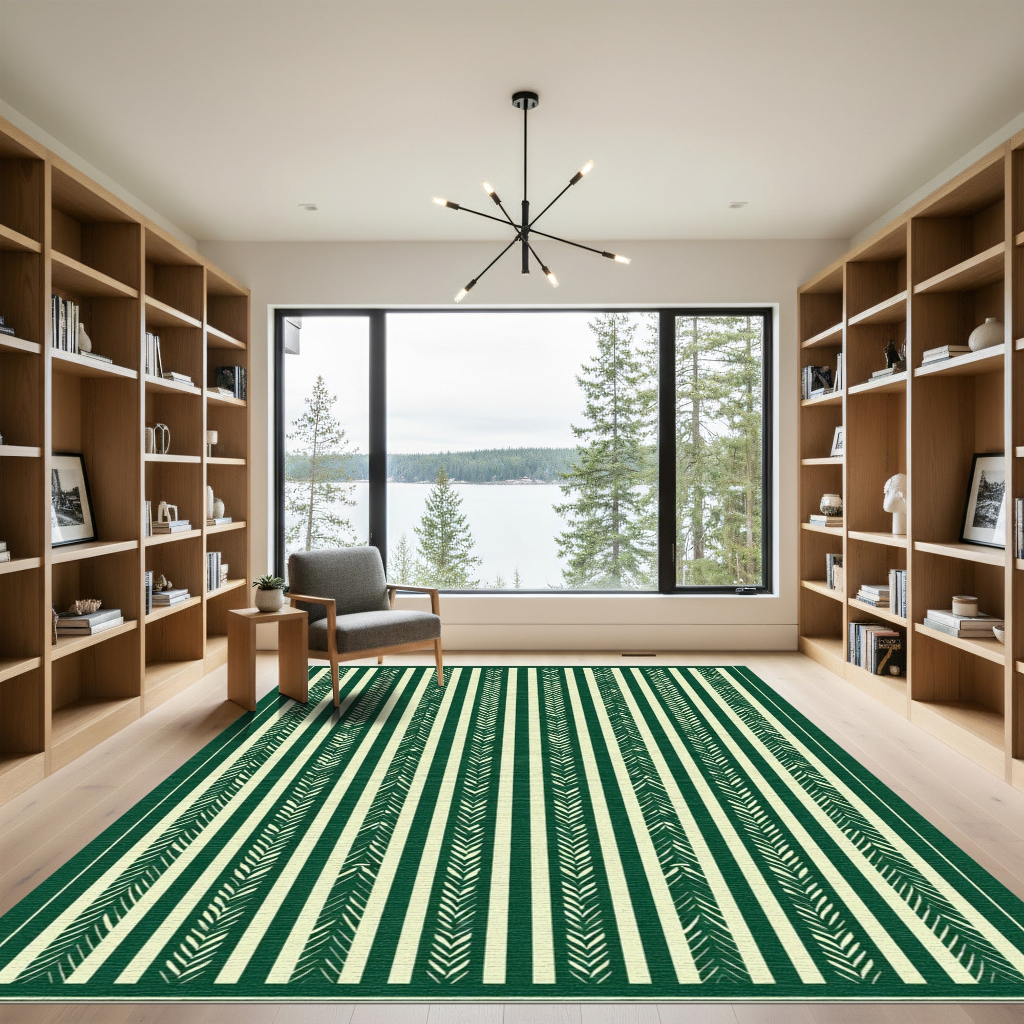 Green White Textured Stripe Rug