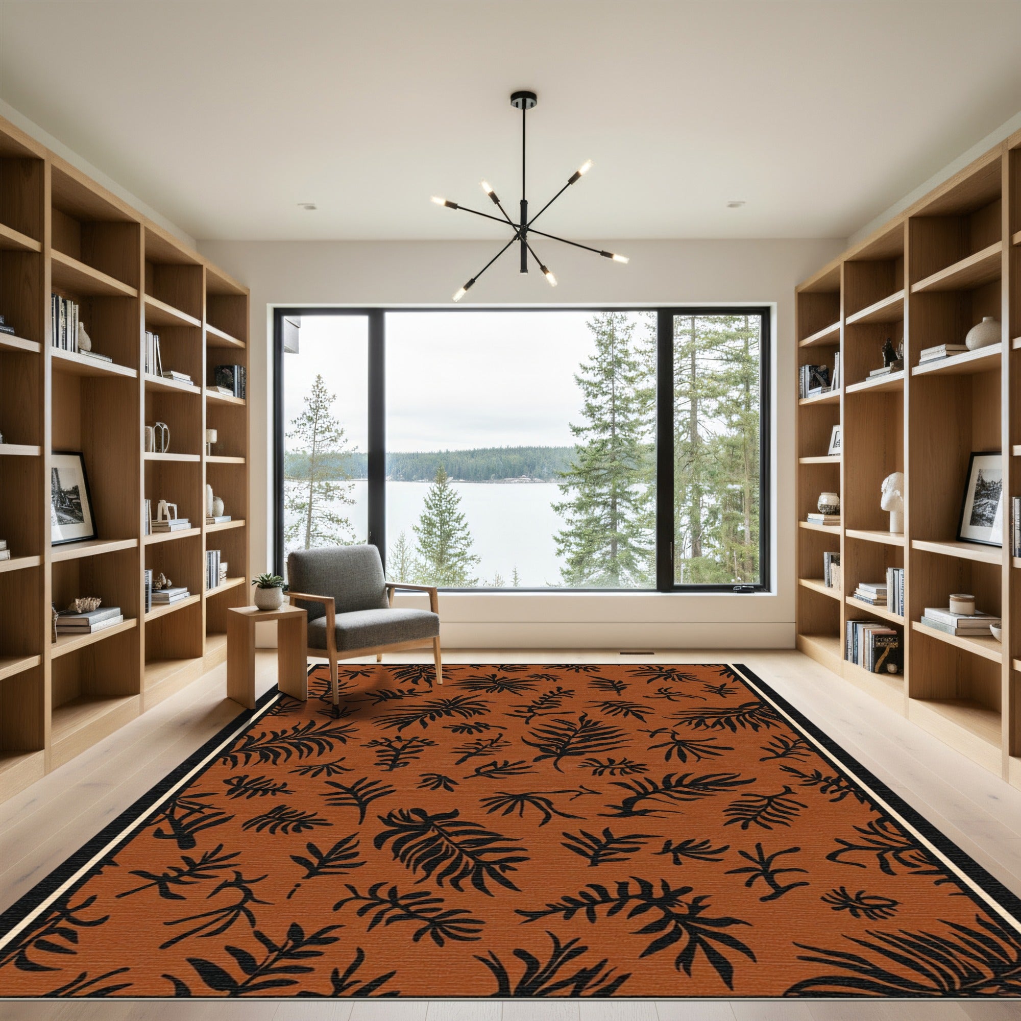 Earthy Terracotta Black Leaf Scatter Rug