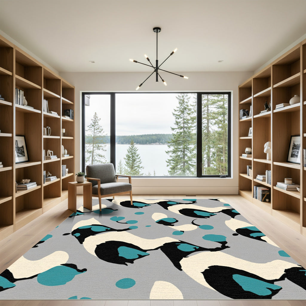 Abstract Teal Black Cream Animal Spotted Rug