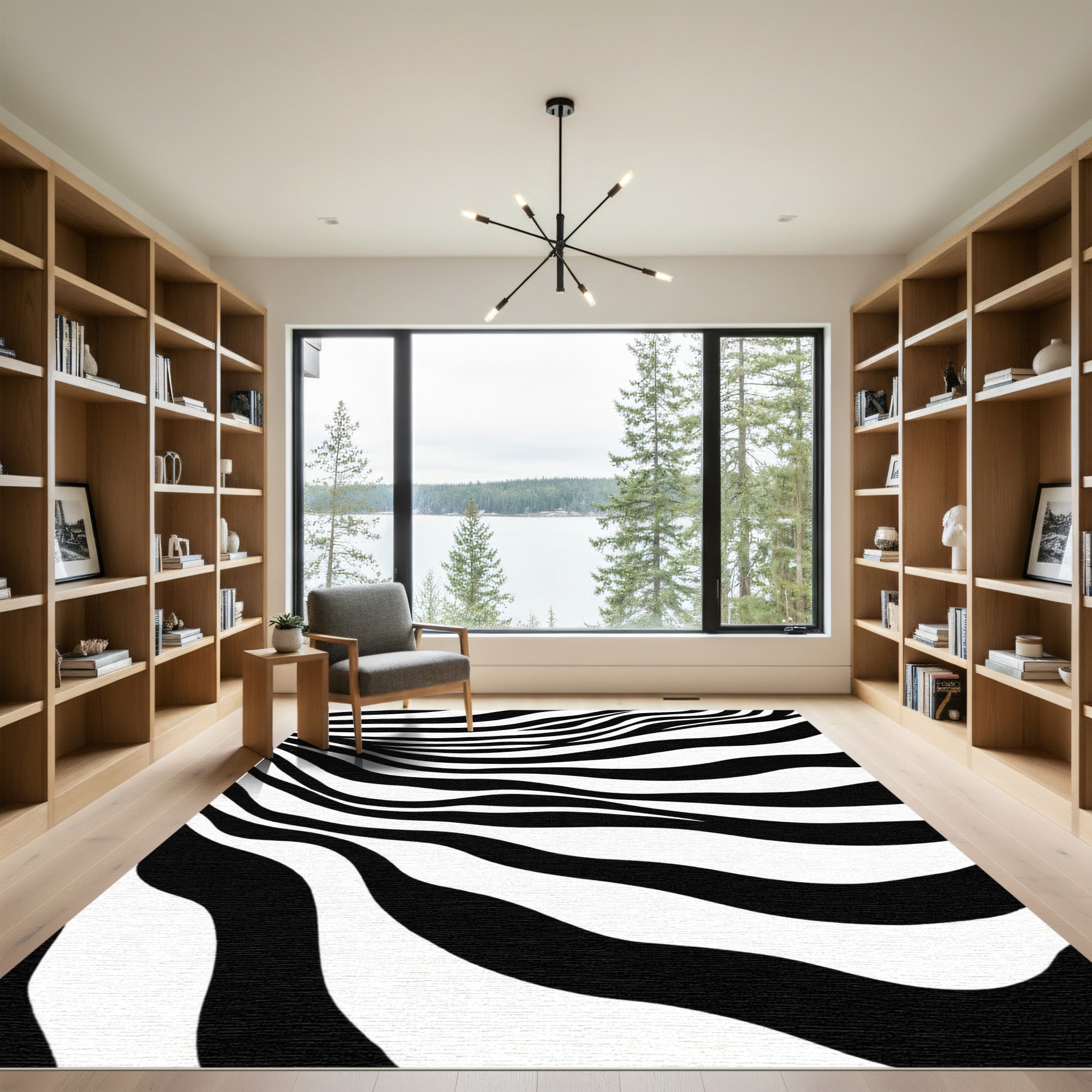 Bold Black White Abstract Zebra Waves Rug
