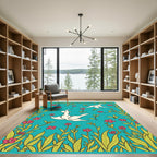 Whimsical Teal Pink Floral Bird Rug