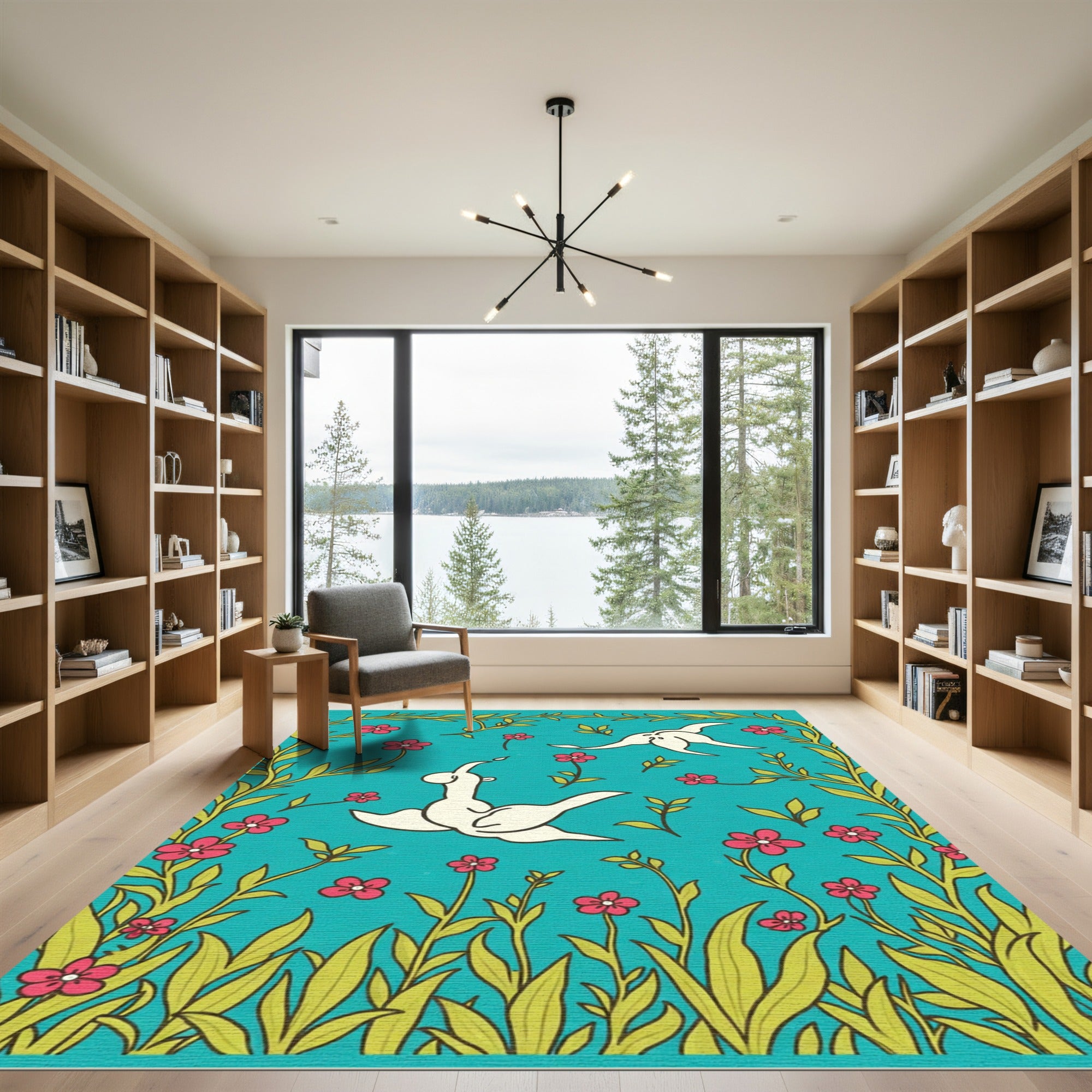 Whimsical Teal Pink Floral Bird Rug