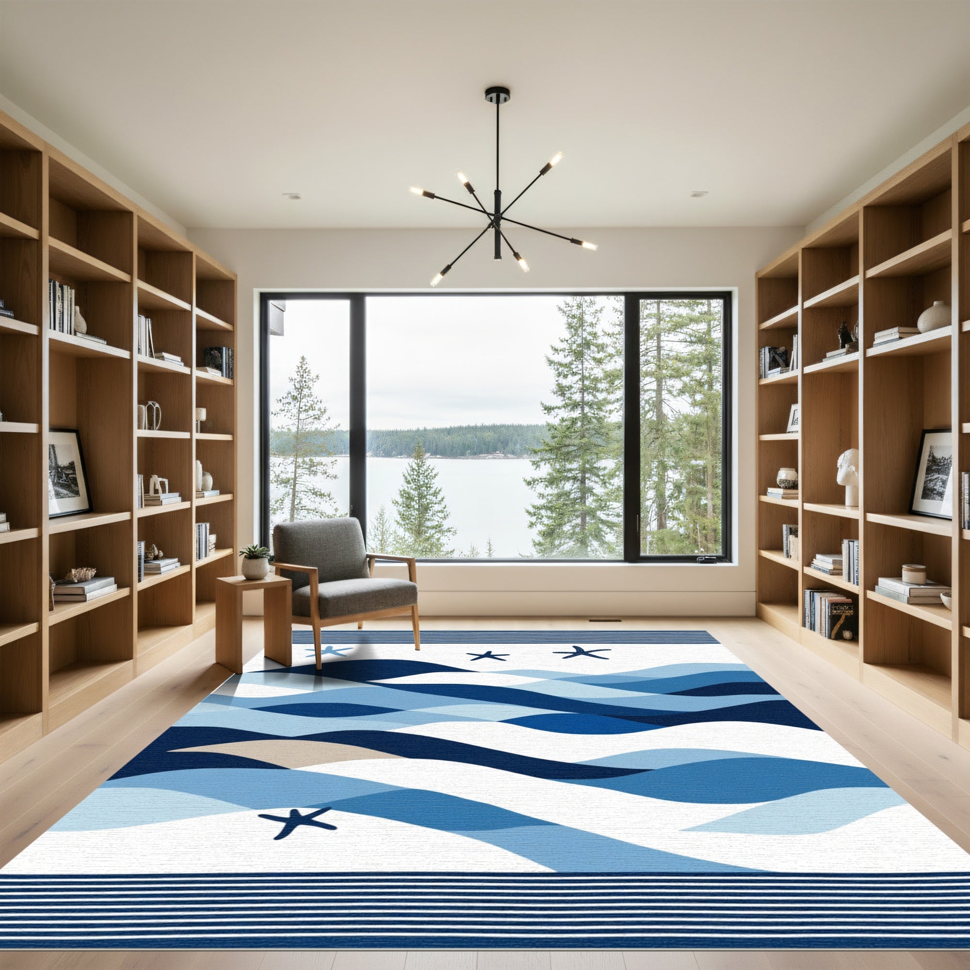 Dazzling Blue Wave Starfish Border Rug